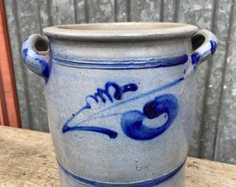 ref 547 Antique French Betschdorf ALSACE salt Blue Stoneware Pot 1950 Farmhouse Confit Jar - Antique Pottery Crock