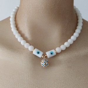 Necklace ,Natural Malaysia Jade beads. Handmade Murano Glass Evileye Beads with 18k Gold Plated Brass Pendant