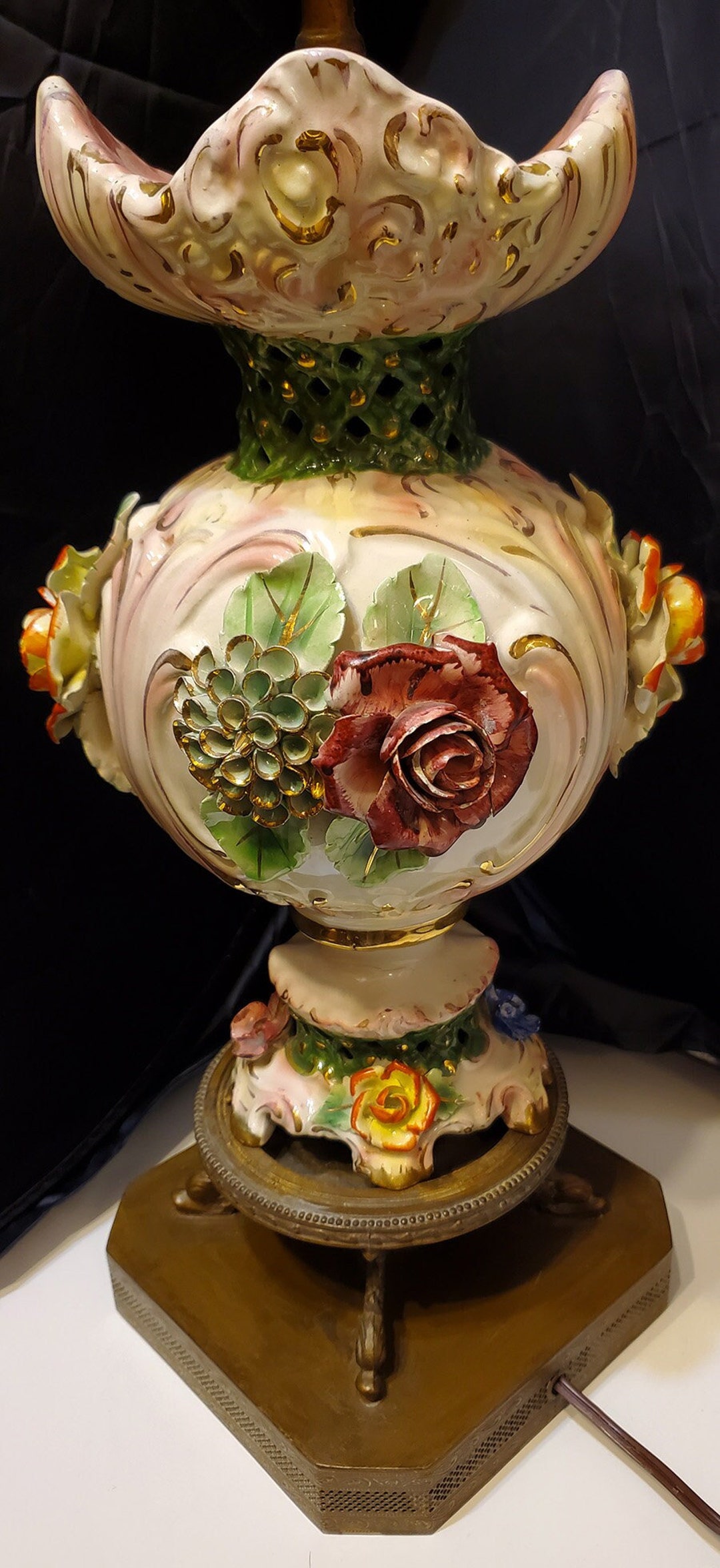 Capodimonte Benrose Porcelain Rose Lamp With Pierced Brass Etsy