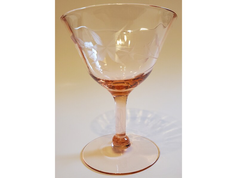 Elegantes rosa Depressionsglas mit Blumen geätztes Champagner-Sorbetglas 4,5 Zoll Bild 1