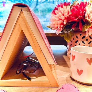 Wood Book Stand Book Holder Bookmark Stand Triangular Book Rest Valentine's Book Lover Gift image 2