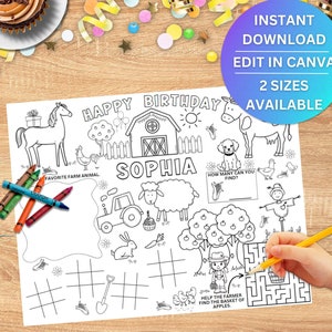 Puede incluir: Una página para colorear imprimible en blanco y negro con temática de granja. La página incluye un granero, animales, un tractor, un espantapájaros, un laberinto y un juego de tres en raya. El texto "Feliz cumpleaños Sophia" está en la parte superior de la página.