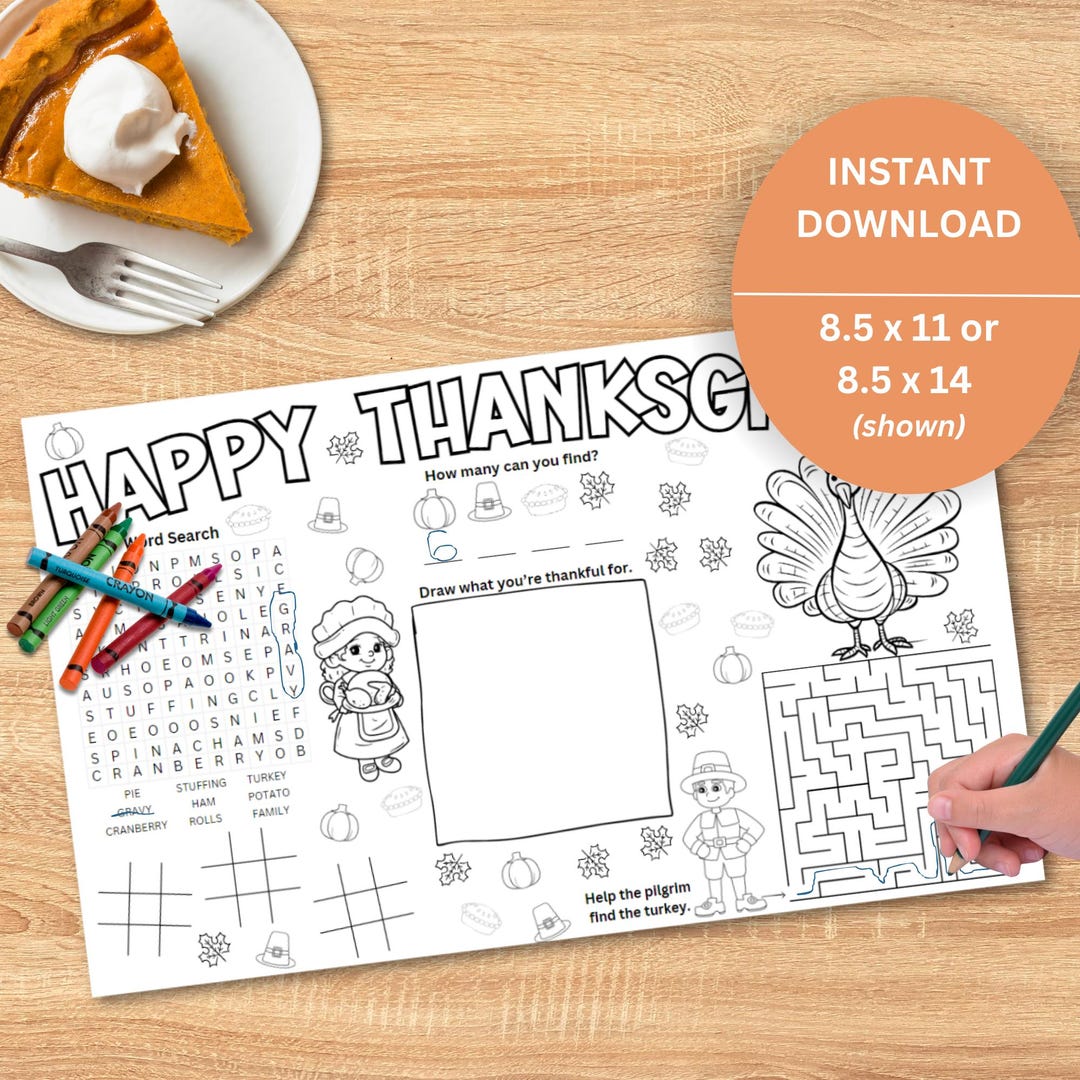 Thanksgiving Activity Placemat, Kids Thanksgiving Placemat Printable ...