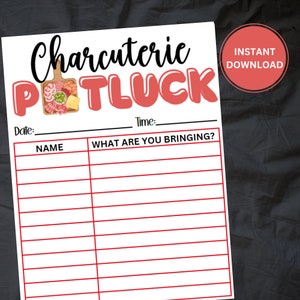Puede incluir: Señal imprimible para un potluck de charcutería. La señal tiene un diseño rojo y blanco con las palabras "Charcuterie Potluck" en negrita. La señal incluye un espacio en blanco para la fecha, la hora y una lista de nombres y lo que van a traer.
