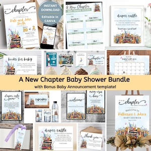 Editable a new chapter baby shower bundle | Storybook Baby Shower Invitation Bundle | Editable Invitations and Signs - Downloadable Games
