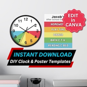 Reloj de pared con horario diario editable para niños, reloj para después de la escuela para niños, reloj de pared con bloques de colores y horario diario por horas con póster