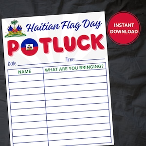Puede incluir: Señal de Potluck del Día de la Bandera Haitiana imprimible con un gráfico de bandera roja, azul y blanca. El letrero tiene un espacio en blanco para la fecha, la hora y una lista de nombres y lo que traen.