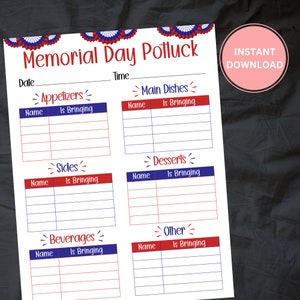 May include: A printable Memorial Day potluck sign-up sheet with red, white, and blue stars and stripes. The sheet is divided into sections for appetizers, main dishes, sides, desserts, beverages, and other. Each section has a space for names and what they are bringing.