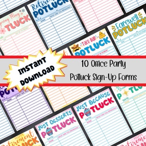 Puede incluir: Diez formularios de inscripción para un potluck imprimibles con diferentes temas, que incluyen jubilación, despedida, solo postres, simplemente porque y barra de tacos. Cada formulario tiene un espacio para la fecha, el nombre y lo que vas a traer.