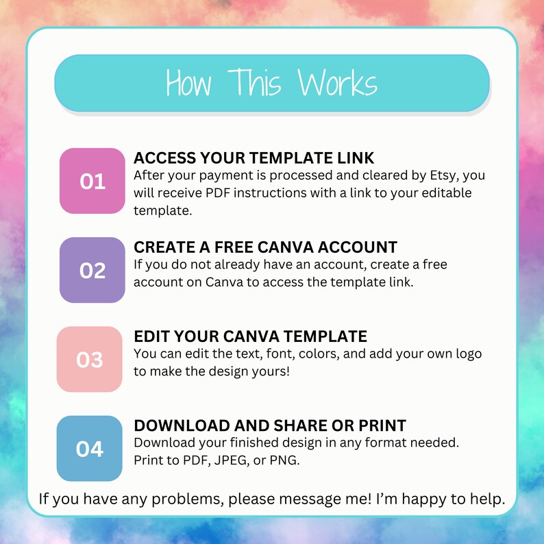 May include: A colorful graphic with instructions on how to access and edit a Canva template. The steps are numbered 1 through 4. The graphic has a light blue, pink, and yellow watercolor background.