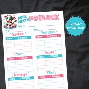 Printable Potluck Sign-Up Sheet | Summer Pool Party Potluck | Pool Party Potluck form | Potluck Sign-Up | Summer Potluck | Instant Download