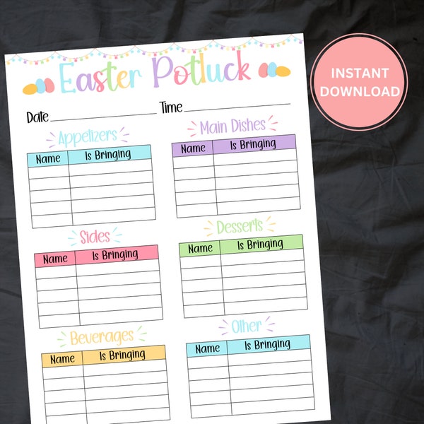 Downloadable Potluck Sign-Up Sheet | Easter | Office Potluck | Work Potluck Printable | INSTANT DOWNLOAD