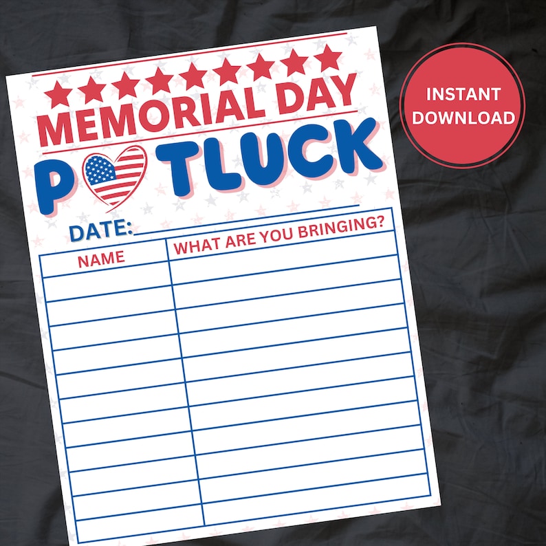Downloadable Potluck Sign-up Sheet Memorial Day Office Potluck INSTANT