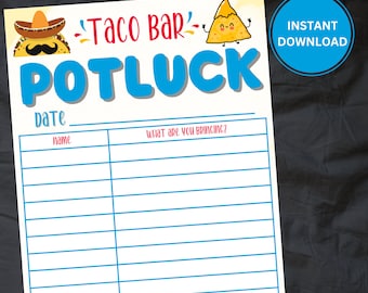 Downloadable Potluck Sign-Up Sheet | Office Potluck | Taco Bar Potluck Sign-Up form | INSTANT DOWNLOAD