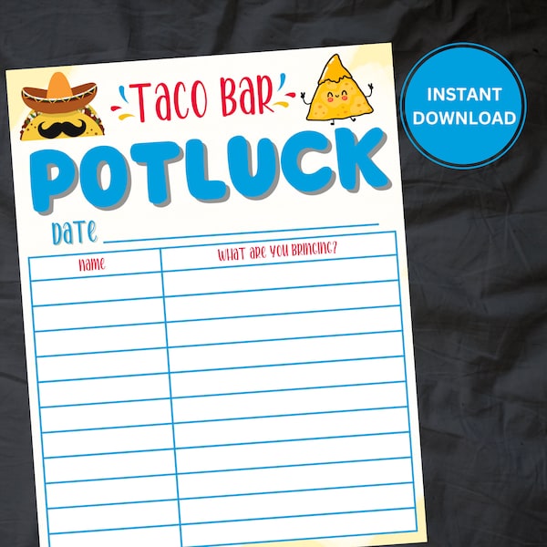 Downloadable Potluck Sign-Up Sheet | Office Potluck | Taco Bar Potluck Sign-Up form | INSTANT DOWNLOAD