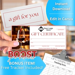 以下が含まれることがあります： 「a gift for you」の赤い文字が入ったギフト券テンプレート。ギフト券にはロゴ、受取人の詳細、追跡フォームのスペースがあります。画像には「Instant Download」と「Edit in Canva」の文字も含まれています。