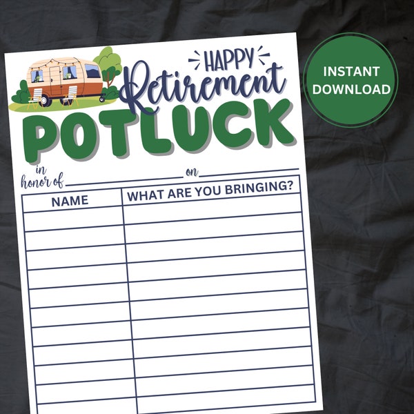 Herunterladbares Potluck-Anmeldeblatt | Büro Potluck | Ruhestand Potluck Sign-Up-Formular | Ruhestand Potluck mit Camper | SOFORTIGER DOWNLOAD