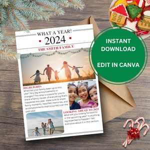 Modello di biglietto di Natale con revisione dell'anno, collage fotografico di biglietto di che anno, modello di biglietto di auguri stampabile, newsletter per le vacanze, biglietto fotografico