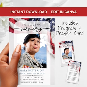 Könnte beinhalten: Eine Gedenkkarte mit dem Text "In Loving Memory" und einem Foto von Mary Patterson. Die Karte enthält die Daten 18. Januar 1992 - 24. September 2025 und Details für die St. Mary's Church. Die Worte "Sofortiger Download" und "In Canva bearbeiten" stehen oben.