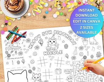 Personalized Kitty Activity Sheet for Birthdays, Fun Cat Coloring Page For Kids, Birthday Party Placemat