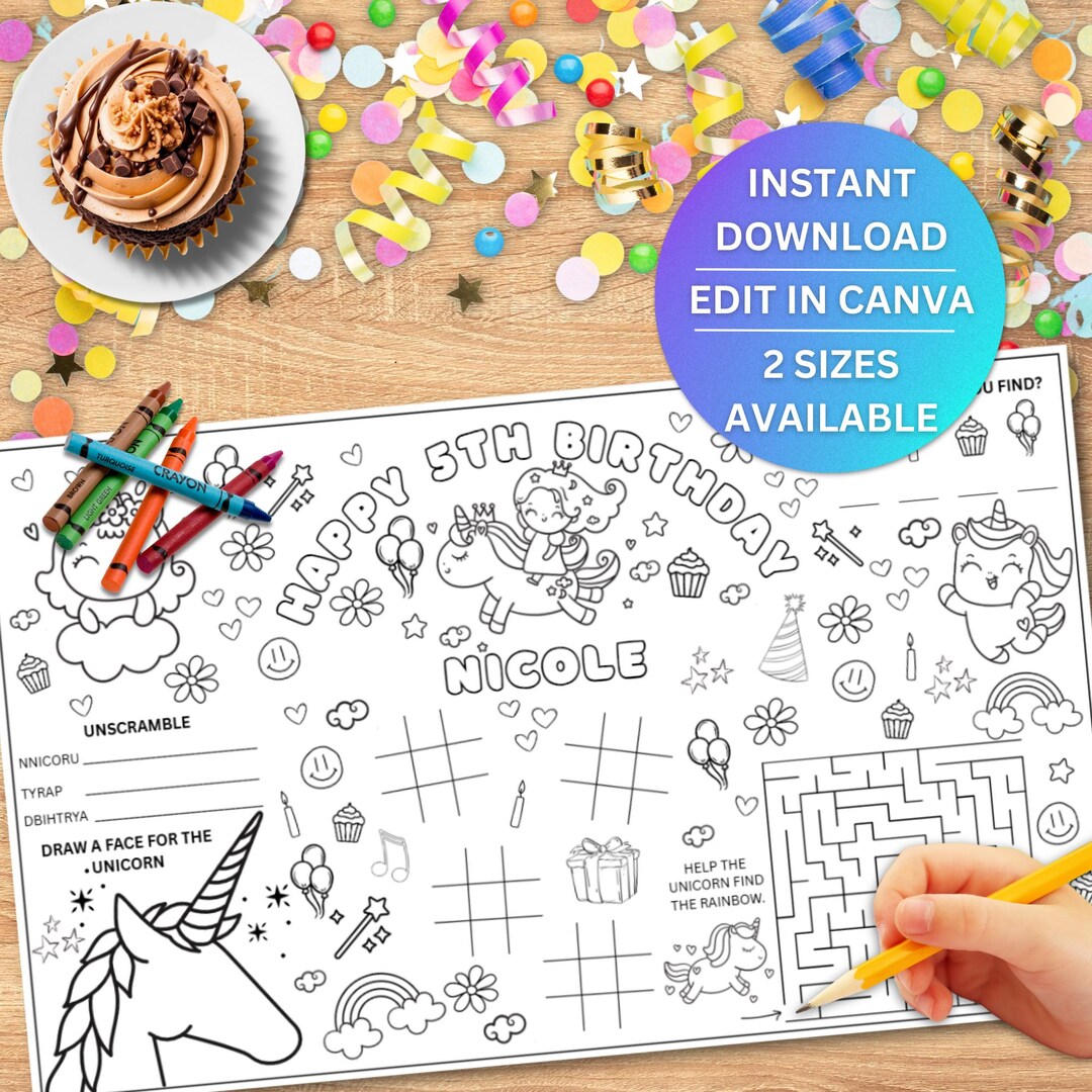 Editable Unicorn Birthday Coloring Placemat, Kids Activity Sheet ...