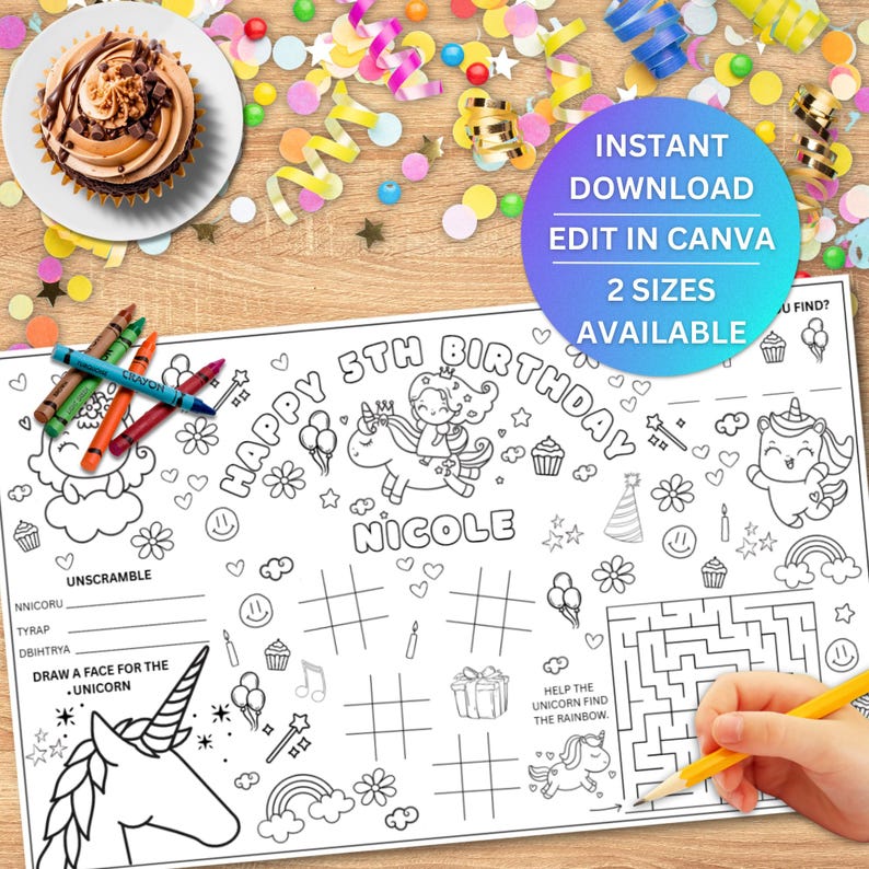 Editable Unicorn Birthday Coloring Placemat, Kids Activity Sheet ...