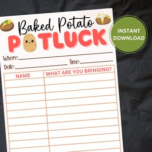 May include: Printable baked potato potluck sign with a cartoon potato and the text "Baked Potato Potluck". The sign has spaces to write the date, time, location, and what each person is bringing.