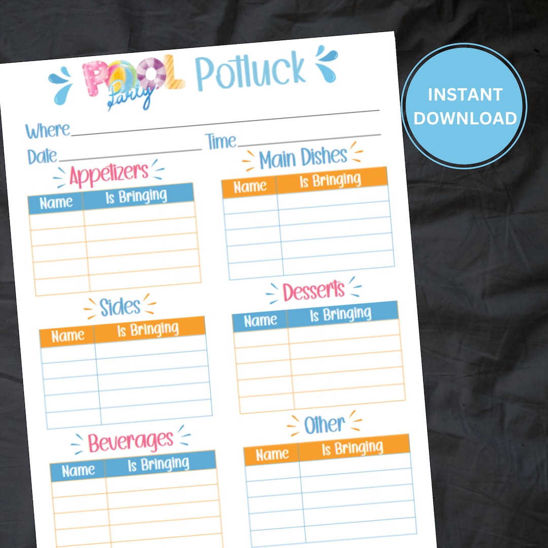 Printable Potluck Sign-up Sheet | Summer Pool Party BBQ Form | Digital ...