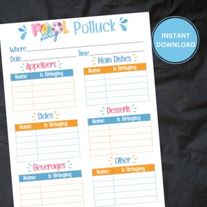 Printable Potluck Sign-Up Sheet | Summer Pool Party | Pool Party Potluck form | Potluck Sign-Up | Summer Potluck | Instant Download