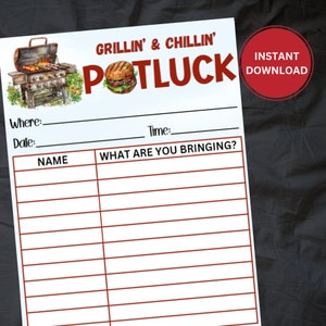 Printable Potluck Sign-Up Sheet | Summer BBQ Party Potluck | BBQ Potluck form | Potluck Sign-Up | Summer Potluck | BBQ sign up sheet