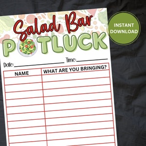 Puede incluir: Un cartel imprimible para un potluck de barra de ensaladas con un esquema de color verde y rojo. El cartel tiene un tazón de ensalada con verduras y el texto "Salad Bar Potluck" en letras grandes. El cartel también tiene una sección para la fecha, la hora y una lista de nombres y lo que traen.