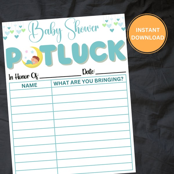 Downloadable Potluck Sign-Up Sheet | Baby Shower Potluck sign-up form | Office Potluck | Blue Boy Baby Shower Potluck | INSTANT DOWNLOAD