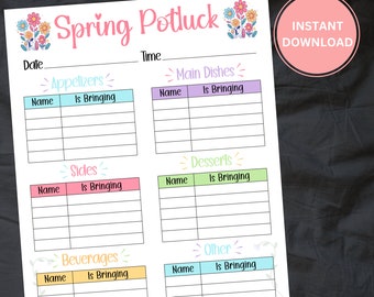 Peut inclure: Une feuille de planification de potluck de printemps imprimable avec un motif floral. La feuille est divisée en sections pour les amuse-gueules, les plats principaux, les accompagnements, les desserts, les boissons et autres. Chaque section a un espace pour les noms et ce qu'ils apportent.