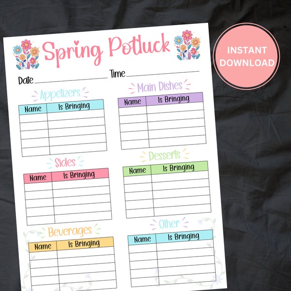 Downloadable Potluck Sign-Up Sheet | Office Potluck | Spring Potluck Sign-Up form | Spring Fling Sign Up | INSTANT DOWNLOAD