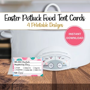Può includere: Carte da tavolo per cibo per un potluck di Pasqua stampabili con un design a pois rosa, blu e verde. La carta dice "Piatto: Polpette BBQ, Preparato da: Mary". Include caselle di controllo per vegano, vegetariano, senza latticini, senza uova, contiene noci e senza glutine. La carta dice anche "Nota: Buon appetito!"