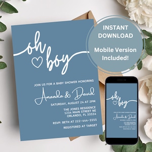 Invito per una festa per baby shower modificabile fai-da-te / Invito per una festa per oh boy Invito per una festa per baby shower semplice/minimalista / / Scarica e modifica IMMEDIATAMENTE con Canva