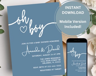 DIY Editable Baby Shower Party Invite | Oh Boy Minimalist Template | Instant Download Canva Printable