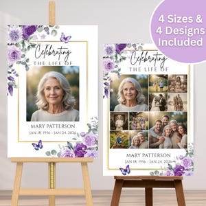 May include: Two memorial signs with floral and butterfly accents. The signs read "Celebrating the Life of Mary Patterson, Jan 18, 1956 - Jan 24, 2026." One sign features a photo, the other a collage. The text "4 Sizes & 4 Designs Included" is also present.