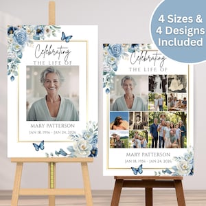 May include: Two memorial signs on easels. The signs feature a photo of a woman, floral accents, and the text "Celebrating the Life of Mary Patterson, Jan 18, 1956 - Jan 24, 2026." One sign includes additional photos.