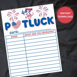 Op de afbeelding: Printbare 4 juli Potluck-aanmeldingsformulier met een rood, wit en blauw hart met sterren en vuurwerk. Het formulier heeft een sectie voor namen en wat ze meenemen.
