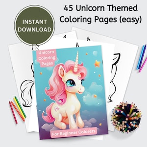 May include: A coloring book cover featuring a cute cartoon unicorn with pink hair and a blue background. The text on the cover reads "Unicorn Coloring Pages" and "For Beginner Colorers".