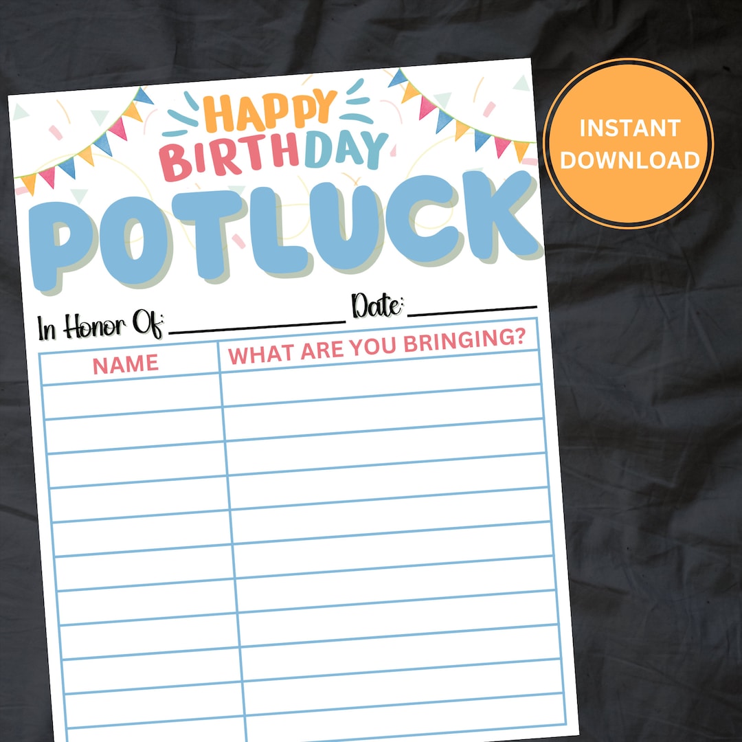Downloadable Potluck Sign-up Sheet | Office Birthday Party Form ...
