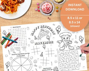 May include: A white paper placemat with a pizza-themed birthday design, featuring a word search, tic-tac-toe, and a maze. The text includes "Happy Birthday Maverick" and "Instant Download". Crayons and cupcakes are also visible.