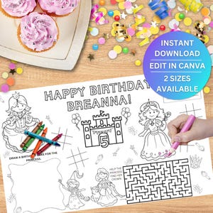 Princess Birthday Placemat Princess Activity Sheet Fairytale Party Activity Princess Coloring Sheet Kids Birthday Placemat Coloring Pages