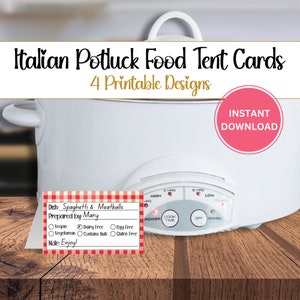 Könnte beinhalten: Weißer Slow Cooker mit Bedienfeld und einer rot-weiß karierten Speisezeltkarte mit der Aufschrift "Spaghetti & Meatballs". Die Karte enthält auch Kontrollkästchen für diätetische Einschränkungen. Der Text oben lautet "Italian Potluck Food Tent Cards."