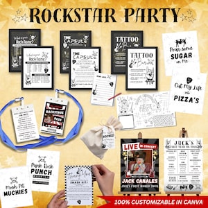 Puede incluir: Una colección de artículos para fiestas temáticas de rock and roll, que incluyen letreros enmarcados, pases de backstage, una bolsa con cordón y una tarjeta de agradecimiento. Los letreros muestran frases como "Rockstar Party" y "Tattoo Bar".