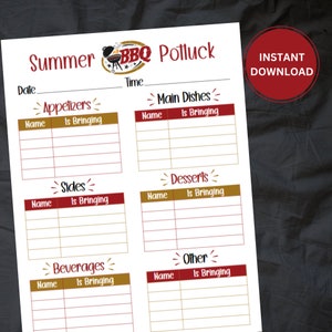 Printable Potluck Sign-Up Sheet | Summer BBQ | Barbeque Potluck form | Office Potluck Sign-Up | Summer Potluck | Instant Download