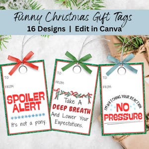 Può includere: Tre etichette regalo di Natale rettangolari con frasi umoristiche. Le etichette hanno fiocchi rossi, verdi e blu. Il testo include "Spoiler Alert", "Take a Deep Breath" e "No Pressure". Le etichette sono bianche con bordi verdi e rossi.