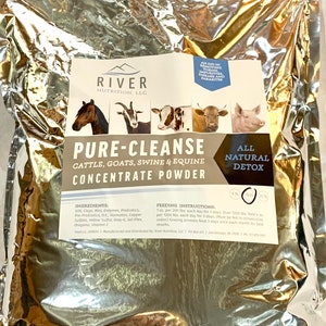 May include: A gold foil bag of River Nutrition Pure-Cleanse concentrate powder for cattle, goats, swine, and equine. The bag features images of a horse, goat, cow, and pig. The product is an all-natural detox and an aid in removing toxins, impurities, disease, and parasites. The bag includes feeding instructions for 5, 10, and 20 lb bags.