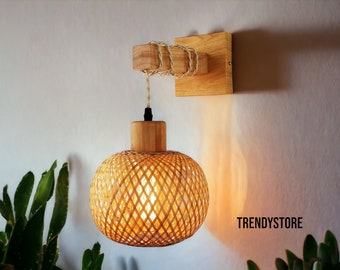 Japanse lamp Vintage bamboe wandkandelaar - Handgemaakt rotan nachtkastje voor slaapkamer en woondecoratie - Uniek cadeau Moederdag voor oma